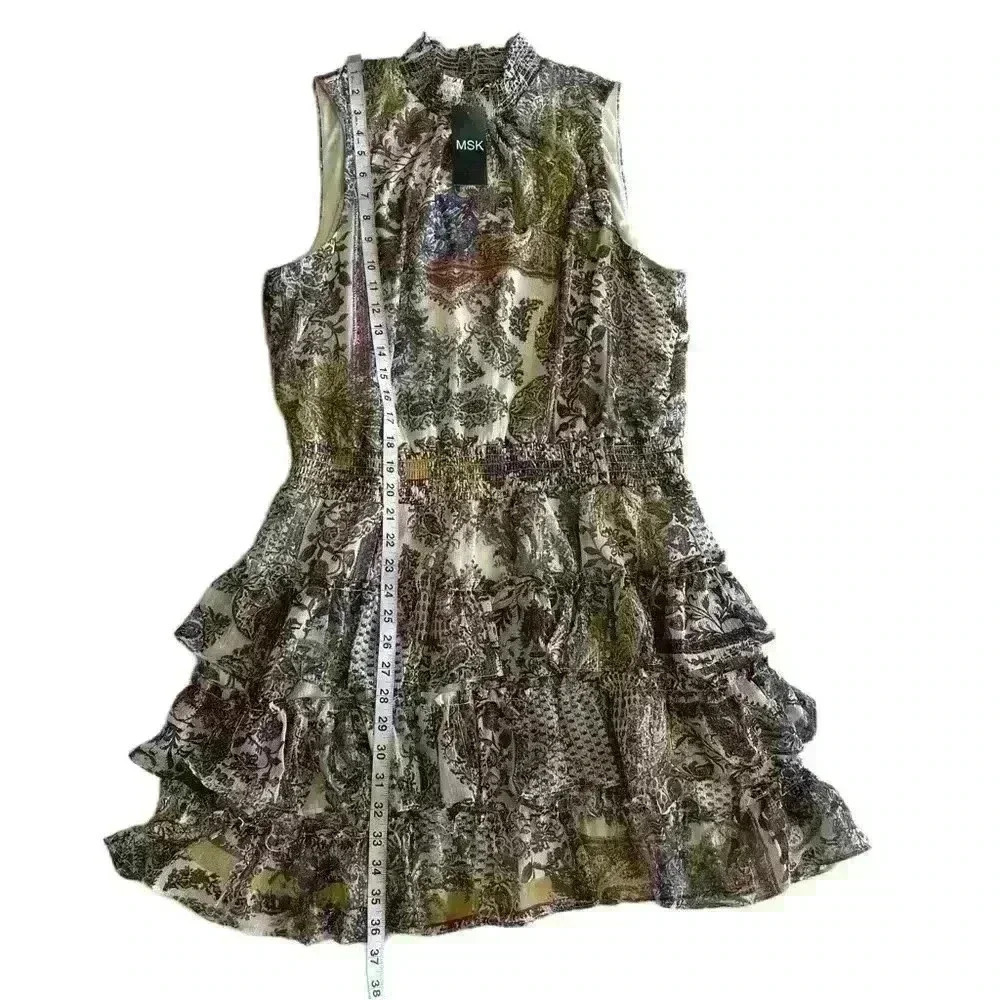 MSK Womens Printed Smocked Waist Tired Dress Multicolor Size XL Ruffle Chiffon - Picture 12 of 14